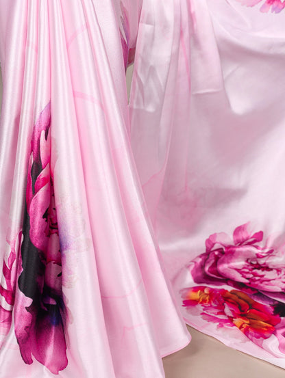 Beautiful Pink Color Satin Silk Floral Printe Saree