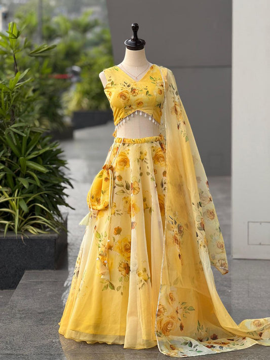 Party Wear Lehenga Choli – Yellow Pure Organza | Anarkalion