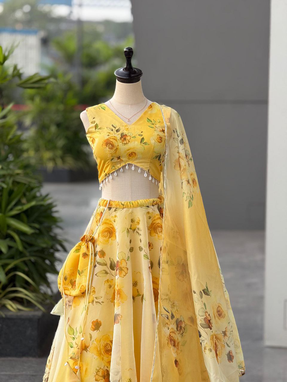 Party Wear Lehenga Choli – Yellow Pure Organza | Anarkalion