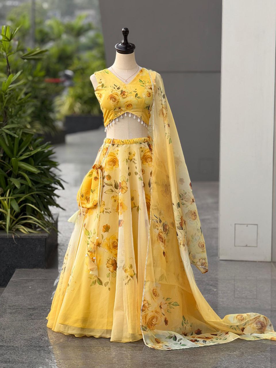 Party Wear Lehenga Choli – Yellow Pure Organza | Anarkalion