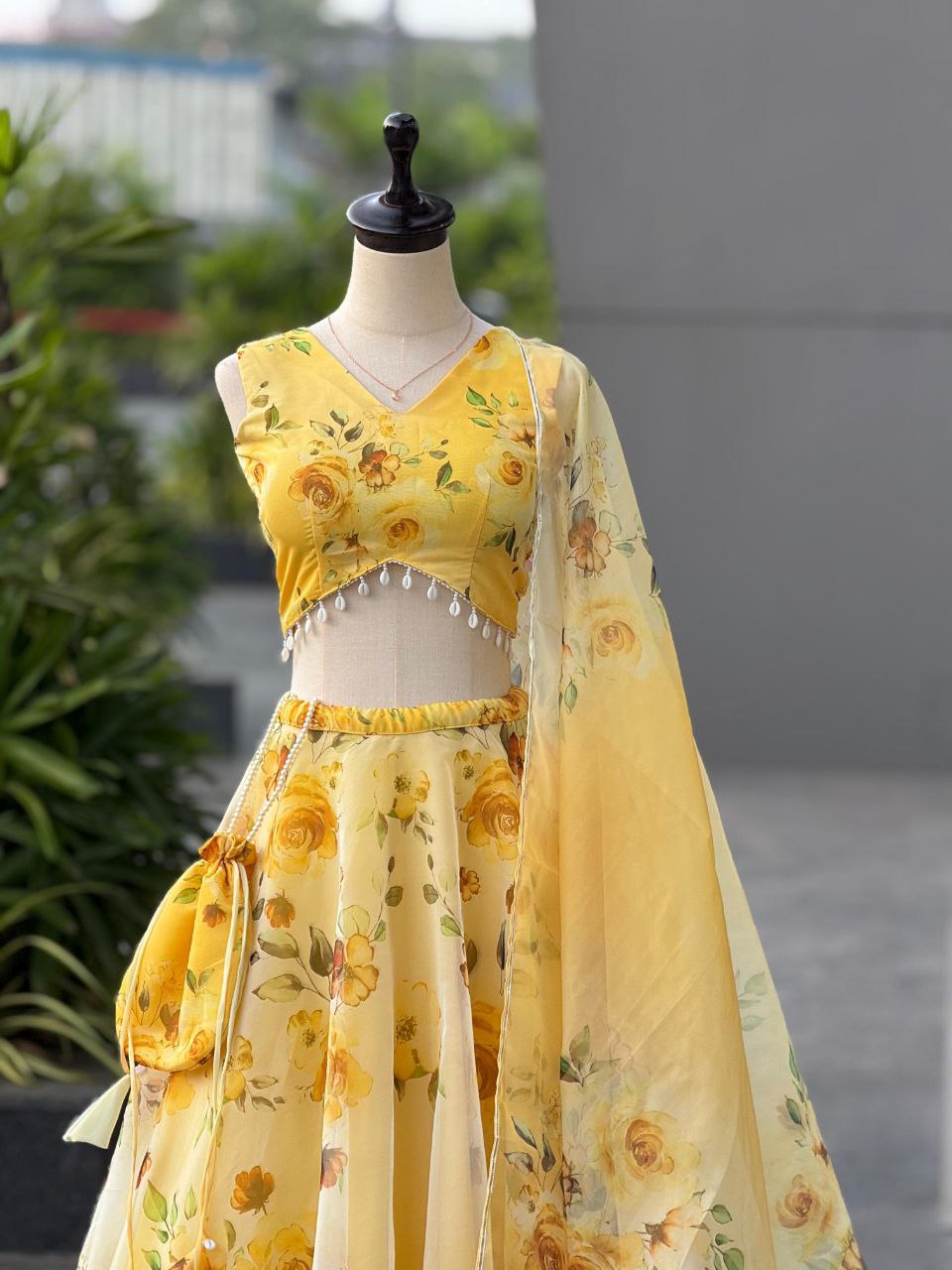 Party Wear Lehenga Choli – Yellow Pure Organza | Anarkalion