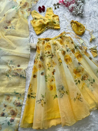 Party Wear Lehenga Choli – Yellow Pure Organza | Anarkalion