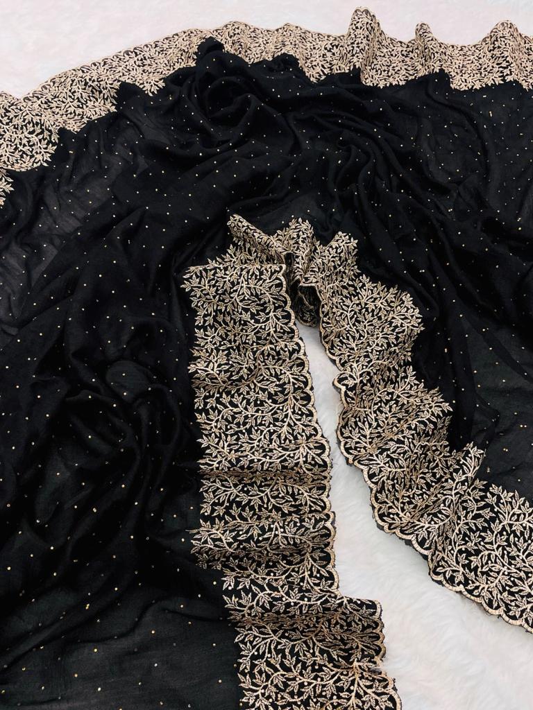Vichitra Silk Saree Beautiful embroidery Work (Black)