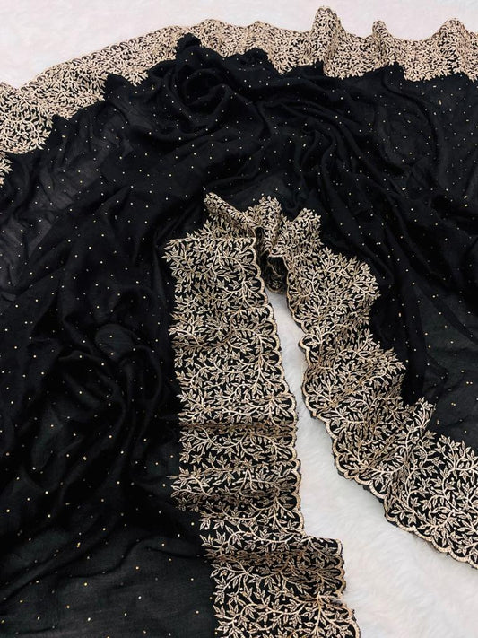 Vichitra Silk Saree Beautiful embroidery Work (Black)
