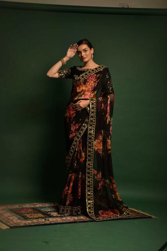 Black Color Flower Printed Designer Georgette Saree
