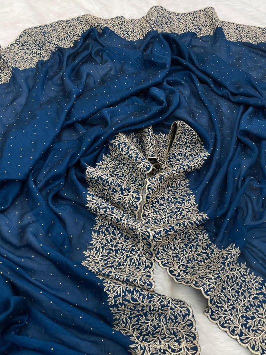 Vichitra Silk Saree Beautiful embroidery Work (Blue)
