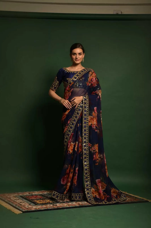 Blue Color Flower Printed Designer Georgette Saree