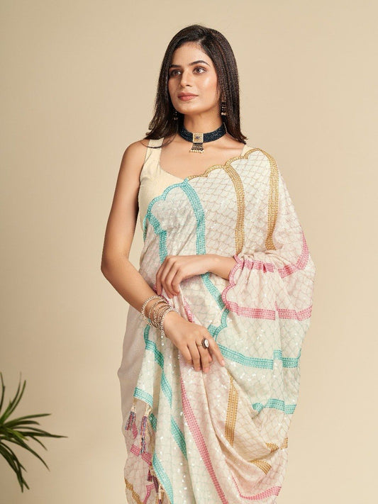 Beautiful Glamorous Cream Color Chinnon Saree