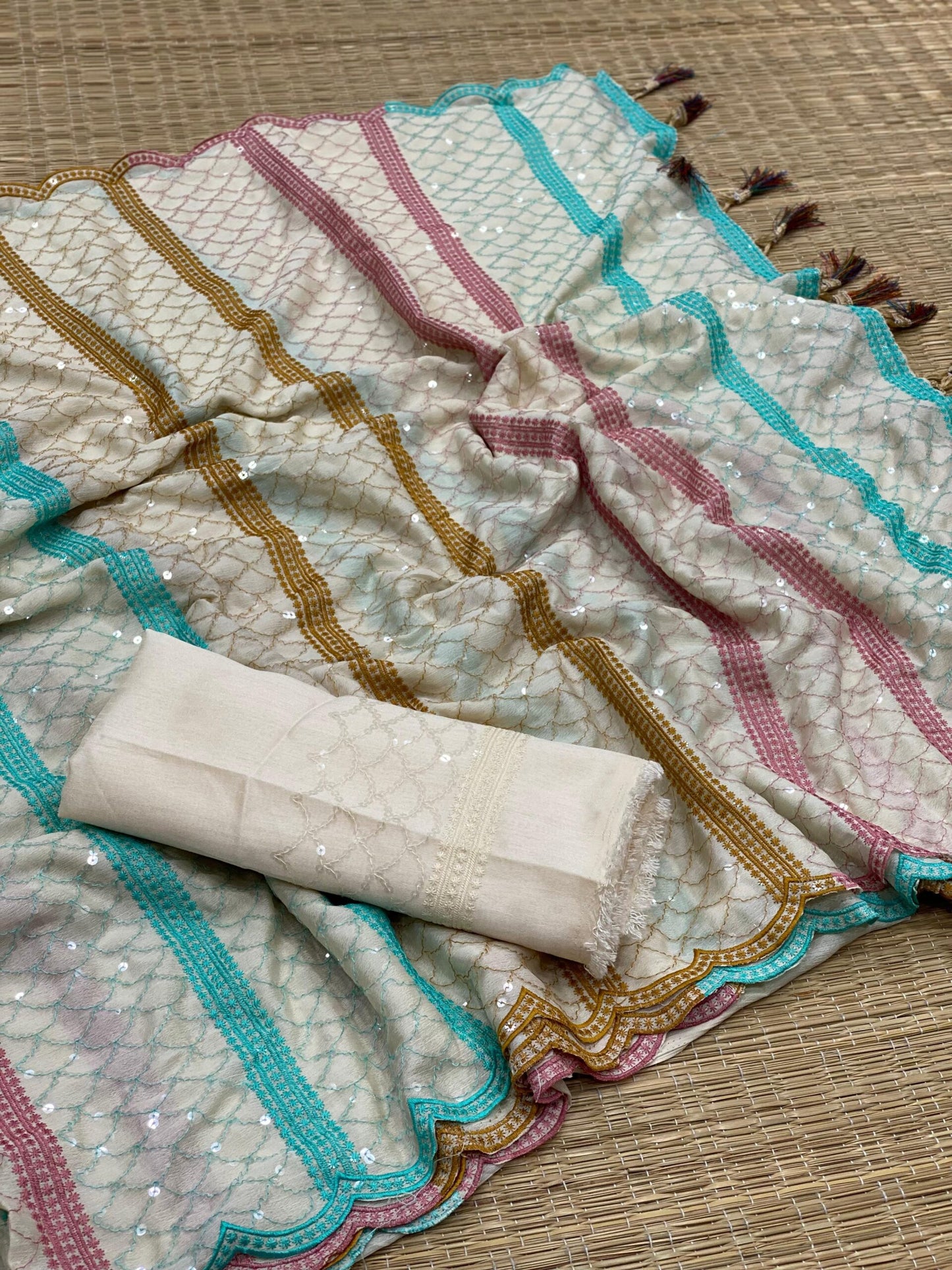 Beautiful Glamorous Cream Color Chinnon Saree
