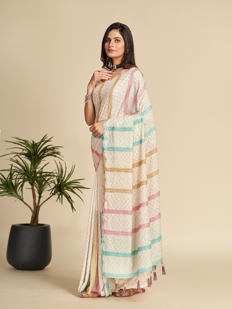 Beautiful Glamorous Cream Color Chinnon Saree