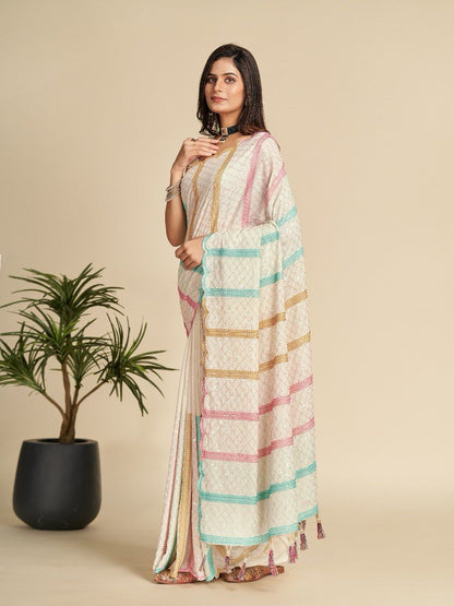 Beautiful Glamorous Cream Color Chinnon Saree