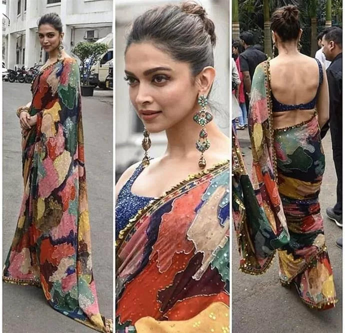 Deepika Padukone Designer Digitel Prinit Stone Work Party Wear Saree (Multi Colour)