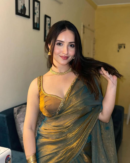 Amazing New Trending Rich Chiffon Gold Color Party wear saree