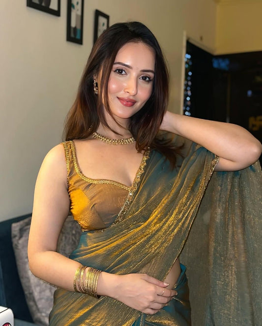 Amazing New Trending Rich Chiffon Gold Color Party wear saree