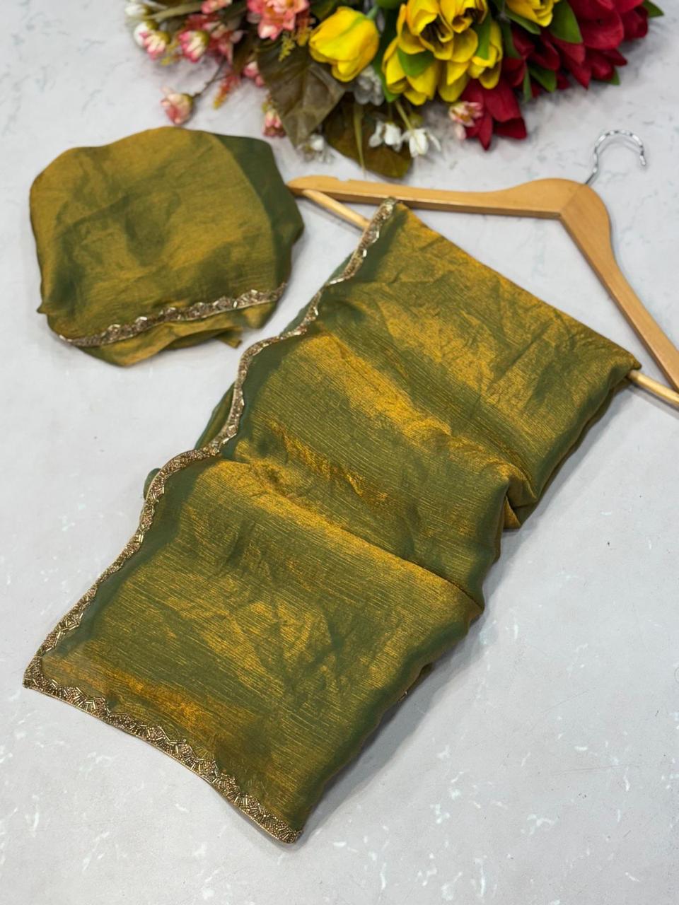 Amazing New Trending Rich Chiffon Gold Color Party wear saree
