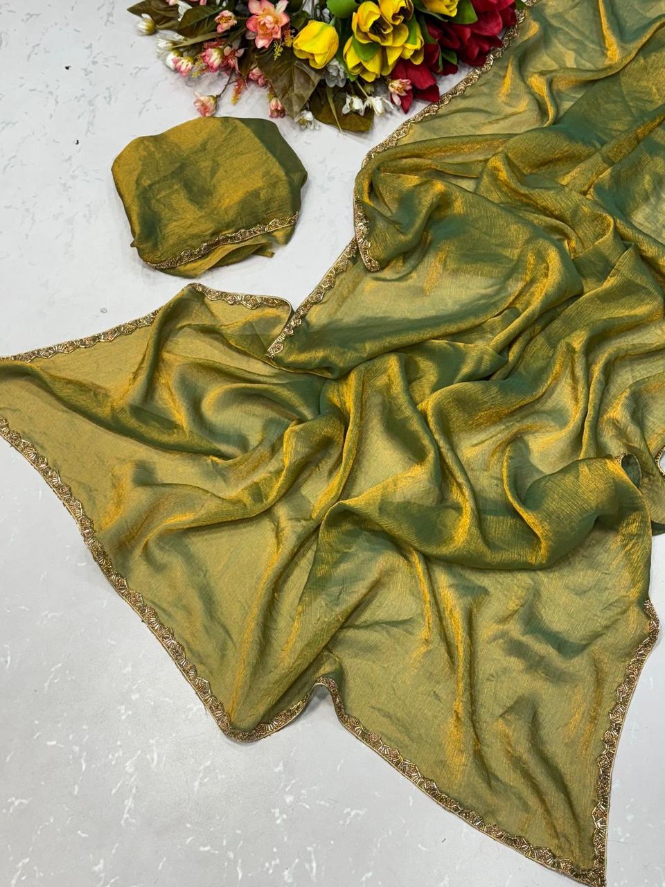 Amazing New Trending Rich Chiffon Gold Color Party wear saree