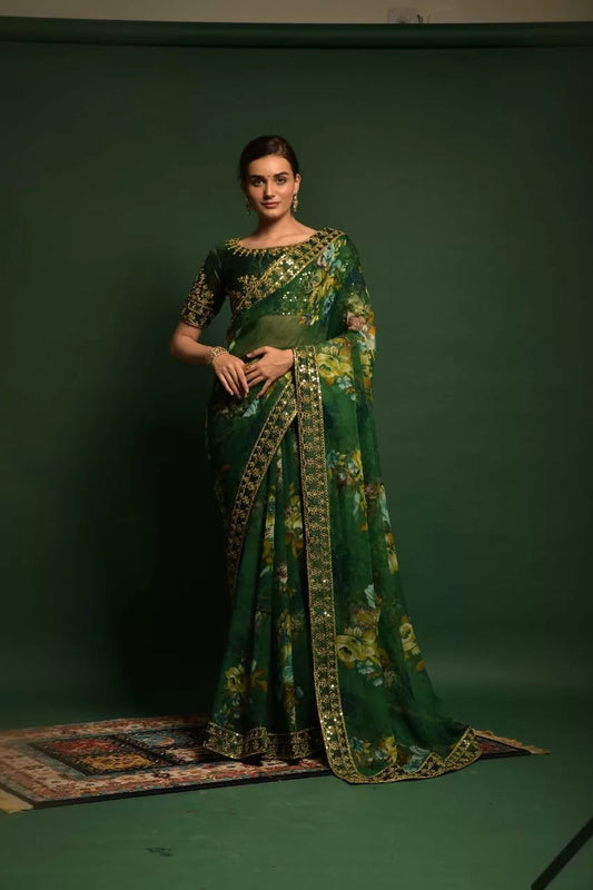 Green Color Flower Printed Designer Georgette Saree