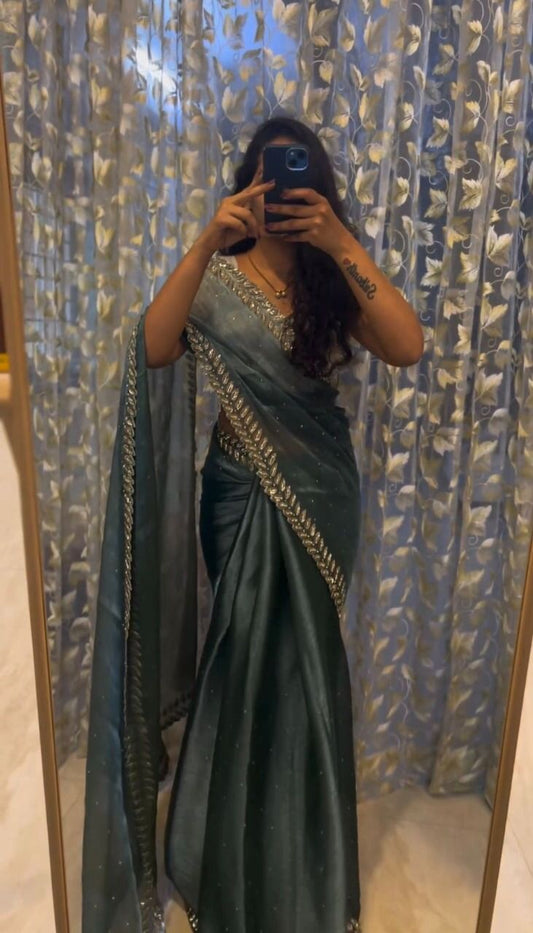Jimmy Choo Silk Stone Work Party Wear Saree (Grey)