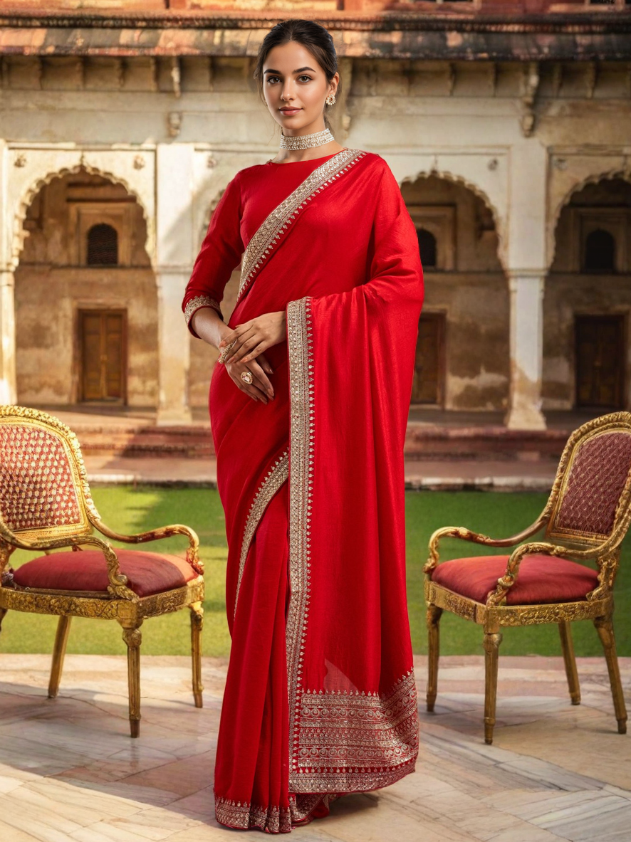 Red Vichitra Silk Party Wear Saree with Sequin and Coding Work