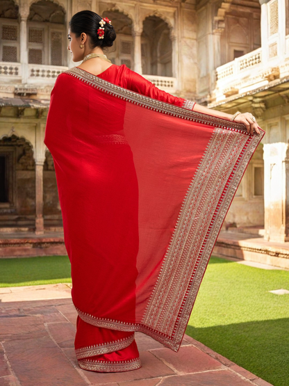 Red Vichitra Silk Party Wear Saree with Sequin and Coding Work