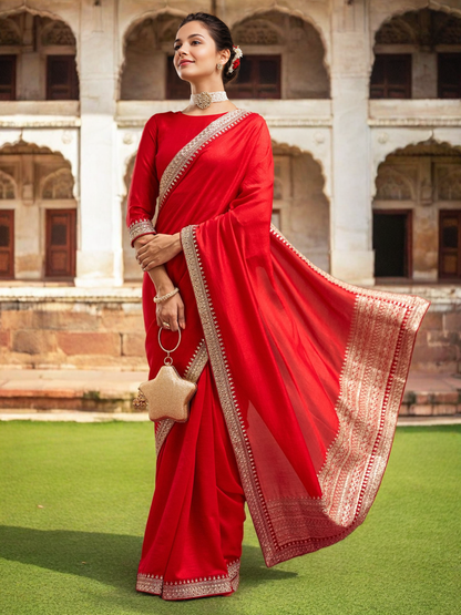 Red Vichitra Silk Party Wear Saree with Sequin and Coding Work