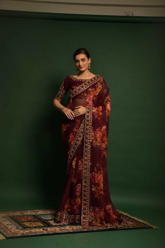 Magenta Color Flower Printed Designer Georgette Saree