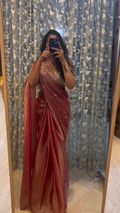 Jimmy Choo Silk Stone Work Party Wear Saree (Peach)