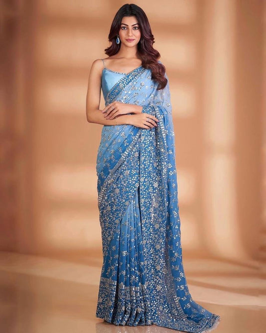 Sky Blue Georgette Saree with Heavy Embroidery