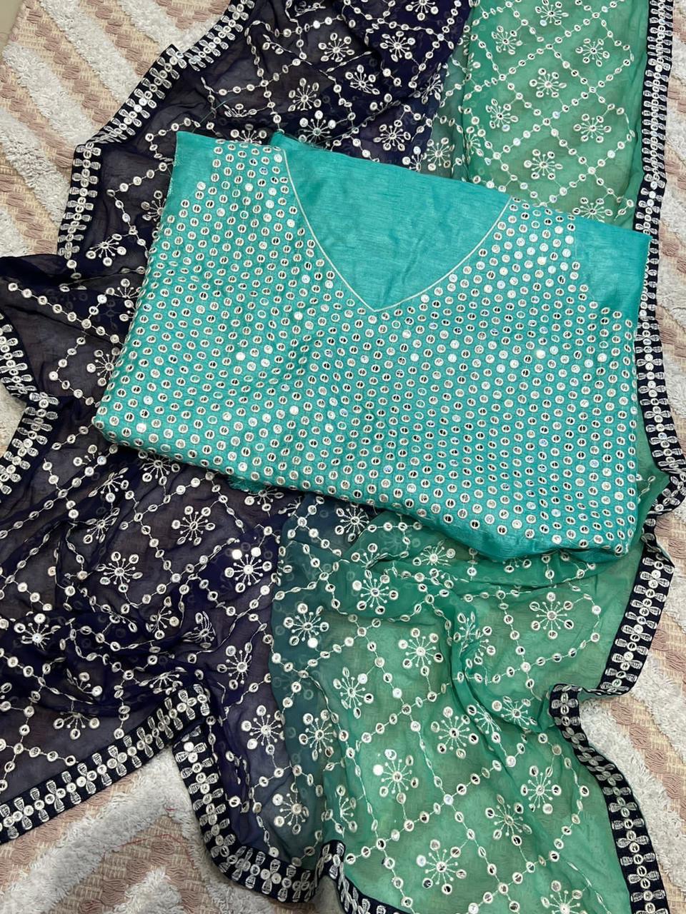 Sky blue Color Soft georgette padding fabric Saree