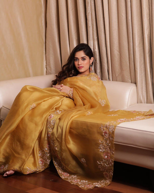 Trending Yellow Color Soft Organza Saree