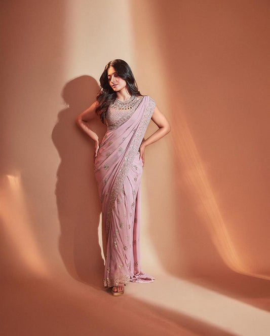 Party Wear Saree Pink Color Georgette Sequance Work