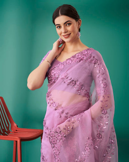 Organza Silk Pink Saree Exquisite Sequence Embroidery