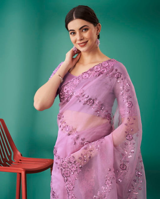 Organza Silk Pink Saree Exquisite Sequence Embroidery