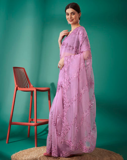 Organza Silk Pink Saree Exquisite Sequence Embroidery