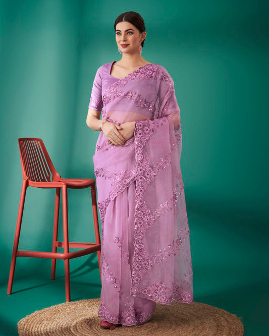Organza Silk Pink Saree Exquisite Sequence Embroidery