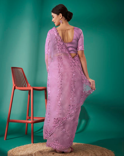 Organza Silk Pink Saree Exquisite Sequence Embroidery
