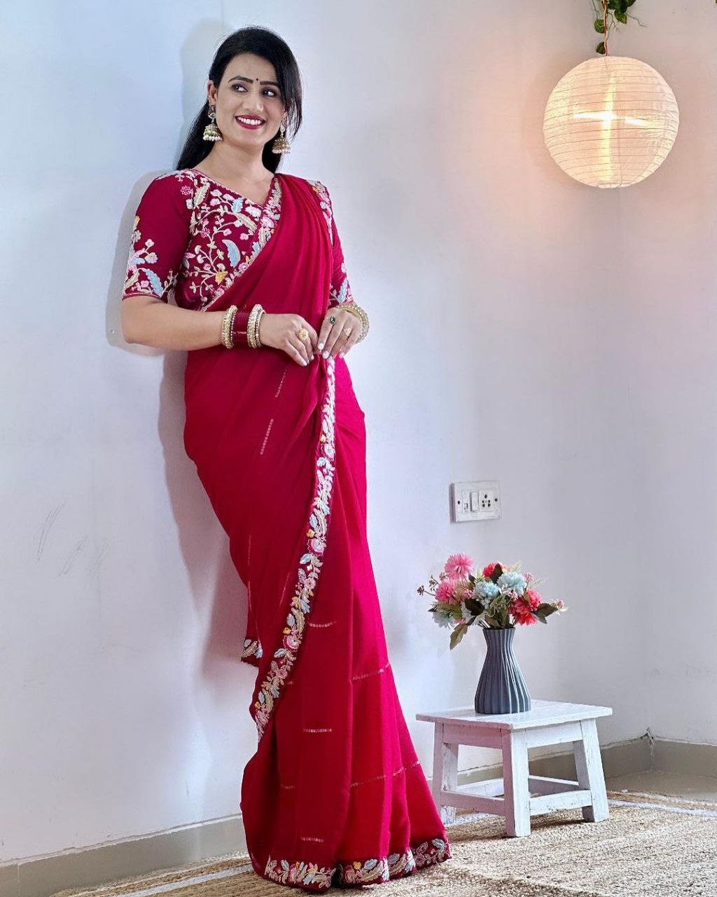 Blooming Rangoli Red Saree With Stitched Blouse