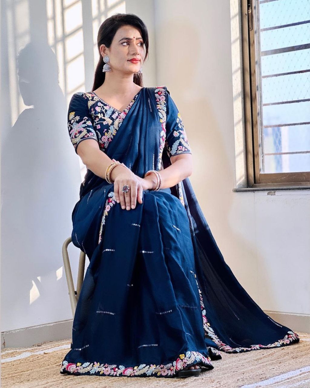 Blooming Rangoli Blue Saree With Stitched Blouse