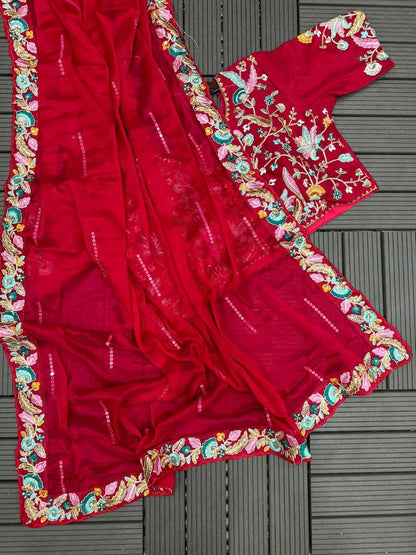 Blooming Rangoli Red Saree With Stitched Blouse