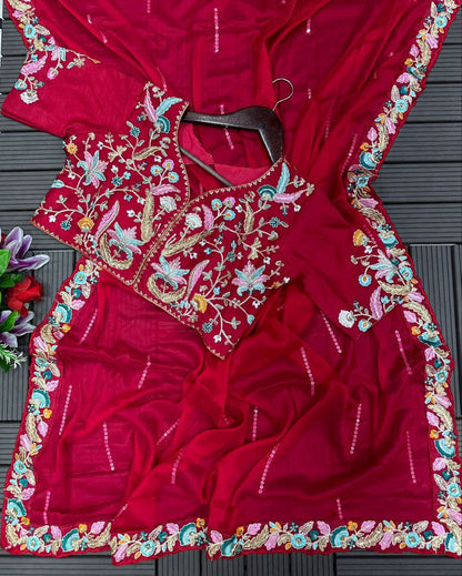 Blooming Rangoli Red Saree With Stitched Blouse
