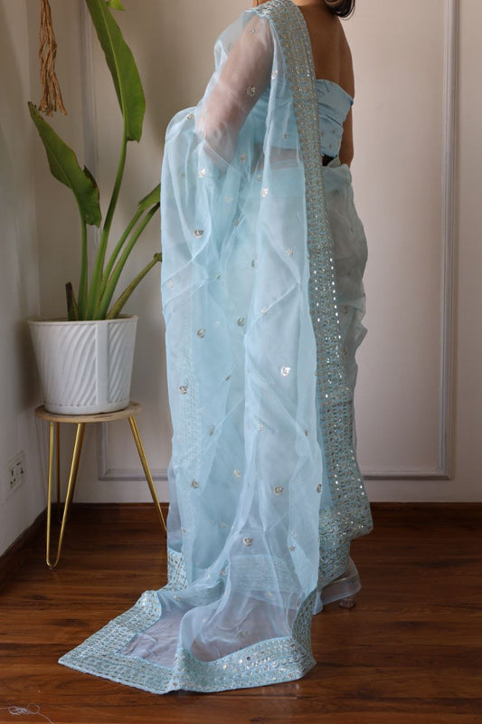 Organza Silk Sky Blue Saree Elegant Sequin Embroidery Zari Border