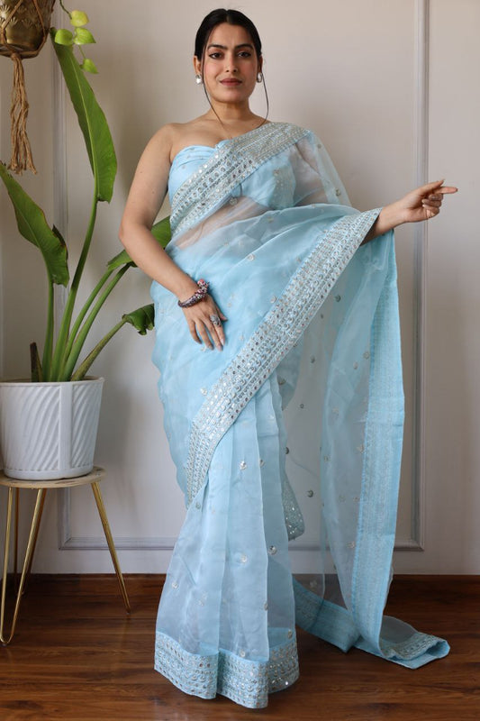 Organza Silk Sky Blue Saree Elegant Sequin Embroidery Zari Border