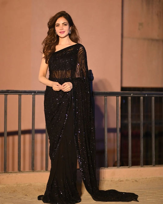 Partywear Black Color Georgette Saree