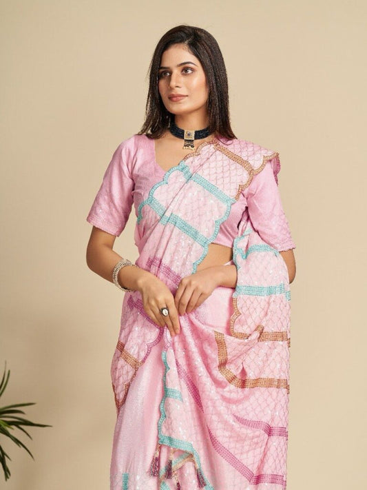 Beautiful Glamorous Pink Color Chinnon Saree