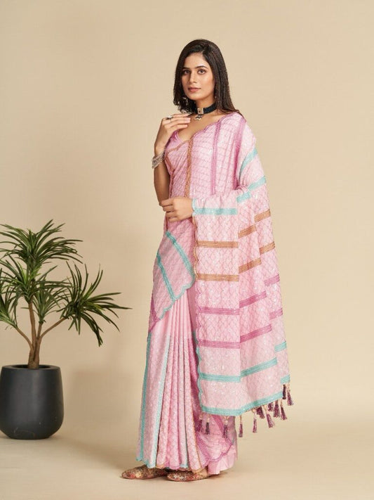 Beautiful Glamorous Pink Color Chinnon Saree