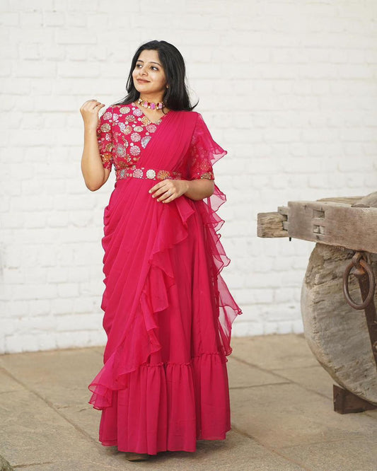 Pink Georgette Lehenga Saree with Embroidery Belt