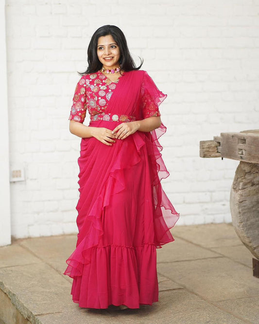 Pink Georgette Lehenga Saree with Embroidery Belt