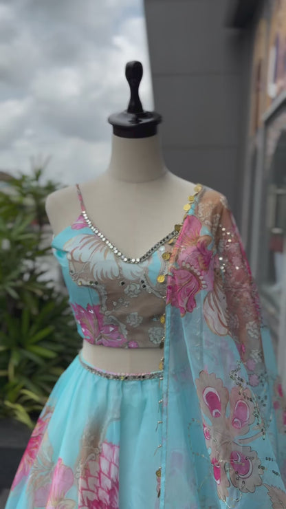 Designer Party Wear Lehenga Choli – Sky Blue Pure Organza | Anarkalion