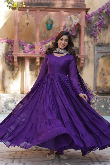 Amazing Purple Color Georgette Frill Work Party Wear Gown