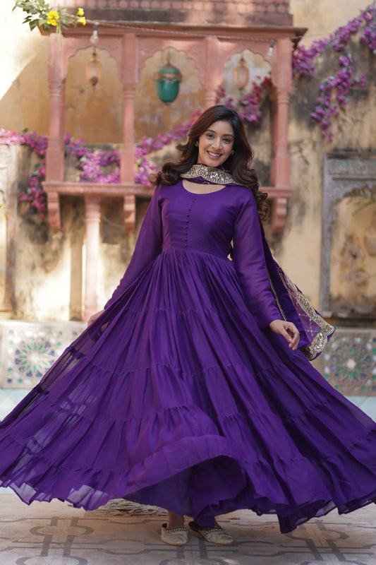 Amazing Purple Color Georgette Frill Work Party Wear Gown